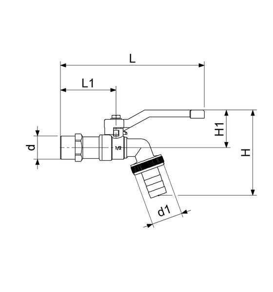 Technische Zeichnung eines Auslaufhahns mit den Bemaßungen L, L1, H, H1, d und d1.