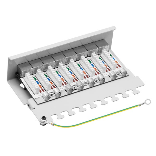 ProfiPatch Cat6a Patchpanel Patchfeld 8 Port Verteilerfeld geschirmt RJ45 Desktop und Wandmontage 1HE grau