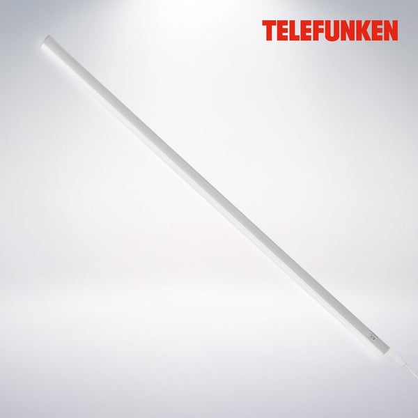 Schmale weiße Telefunken LED-Unterbauleuchte mit Schalter und Netzkabel. Telefunken Logo.