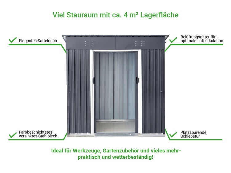 Geräteschuppen aus verzinktem Stahlblech mit Satteldach, Belüftungsgitter, Schiebetür und circa 4 Kubikmeter Lagerfläche.
