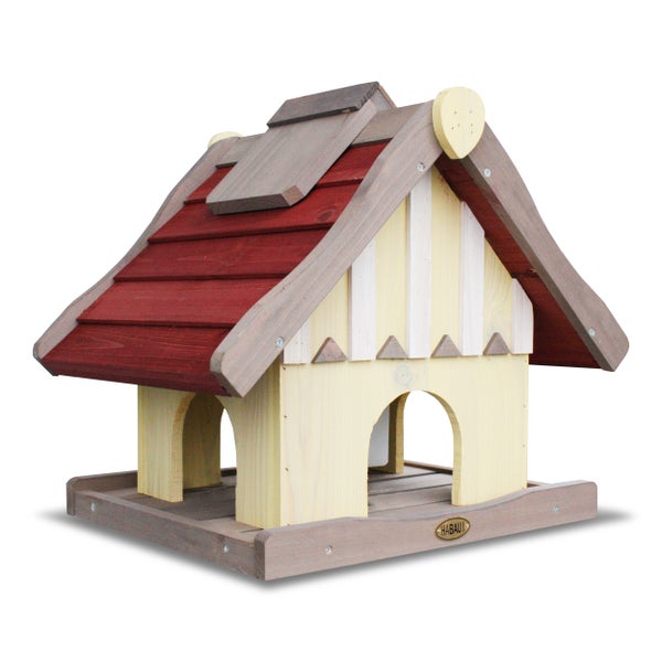 Holz Vogelhaus mit rotem Dach und Futtertisch