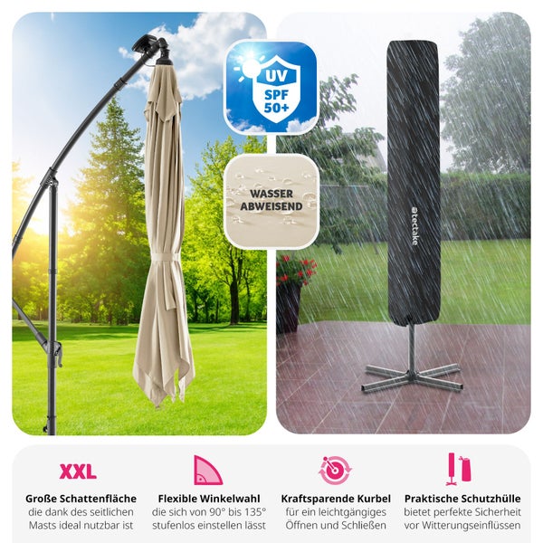Sonnenschirm tectake Sunna wasserabweisend, inkl. Windsicherung und Schutzhülle 250 x 250 cm mit LED Solar-Beleuchtung beige