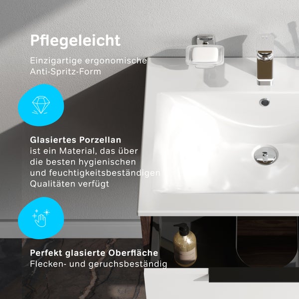 Waschbecken aus glasiertem Porzellan mit ergonomischer Form, fleckenbeständiger Oberfläche und Armatur in einem modernen Badezimmer.