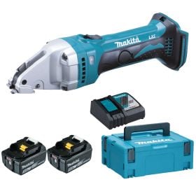 Makita Akku Blechschere mit zwei Akkus, Ladegerät und Kunststoffkoffer im Set.