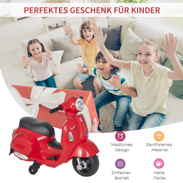 HOMCOM VESPA Elektromotorrad, 18-36 Monate, 3 km/h, LED-Licht Sound, 66,5 x 38 x 52 cm, Kunststoff, Metall, Rot