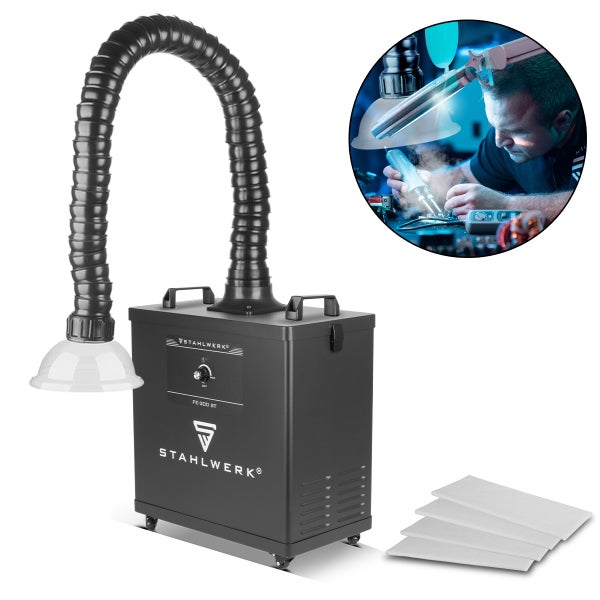 Stahlwerk FE-300 ST Lötrauchabsaugung mit flexiblem Absaugarm, transparenter Düse, vier Ersatzfiltermatten und Anwendungsbeispiel.
