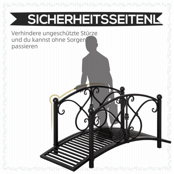 Schwarze Gartenbrücke aus Metall mit verzierten Sicherheitsgeländern für ein sicheres Überqueren.