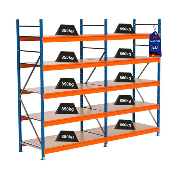 Schwerlastregal mit acht Regalböden und einer Traglast von 850 Kilogramm pro Ebene, Hergestellt in der EU Siegel
