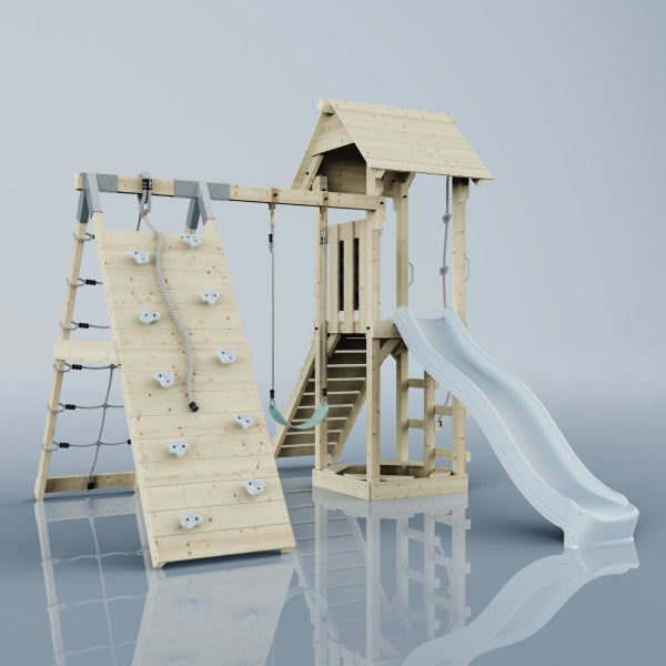 Spielturm aus Holz mit Rutsche, Kletterwand und Schaukel