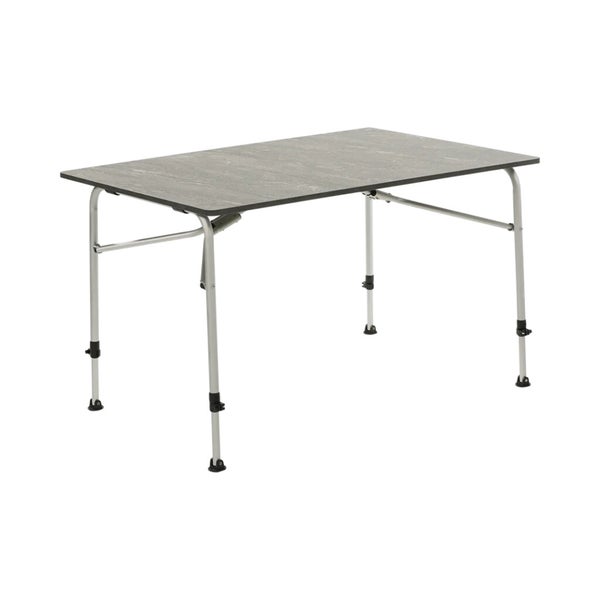 Klappbarer Campingtisch mit höhenverstellbarem Aluminiumgestell und strukturierter Tischplatte.