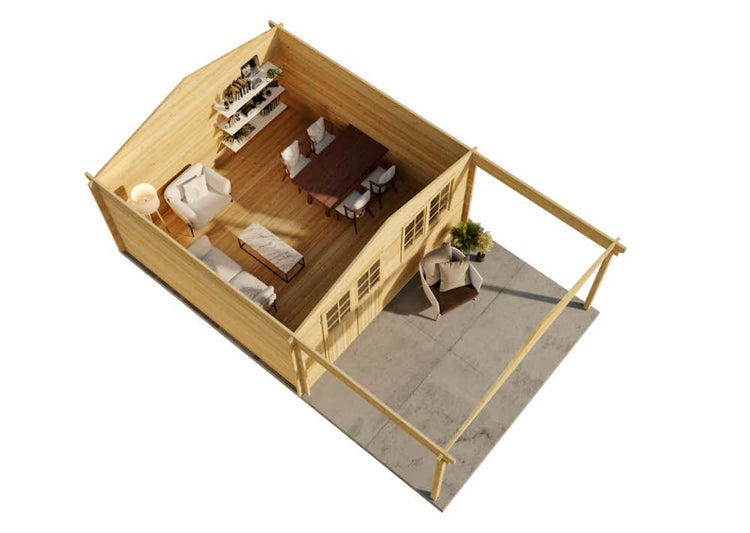 Draufsicht auf ein helles Gartenhaus aus Holz mit eingerichtetem Wohn- und Essbereich sowie einer angrenzenden überdachten Terrasse.