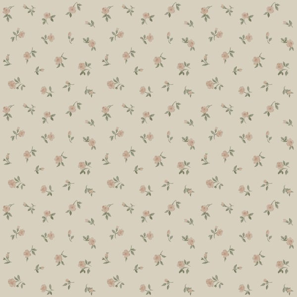 Tapete mit einem sich wiederholenden Blumenmuster aus kleinen Rosen und Blättern.