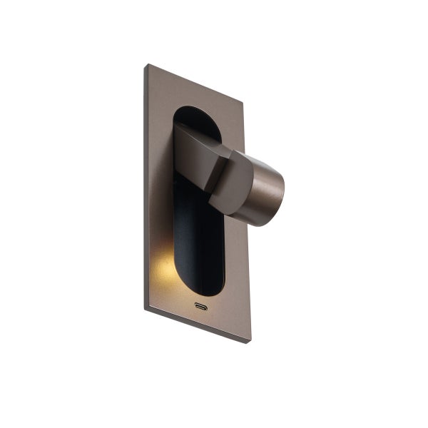 Einbau-Wandleuchte aus Metall in Bronze mit schwenkbarem Leselicht und USB-Typ-C-Anschluss.