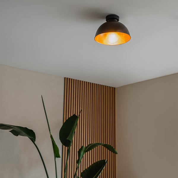 Deckenleuchte im Raum mit Zimmerpflanze und Wandverkleidung