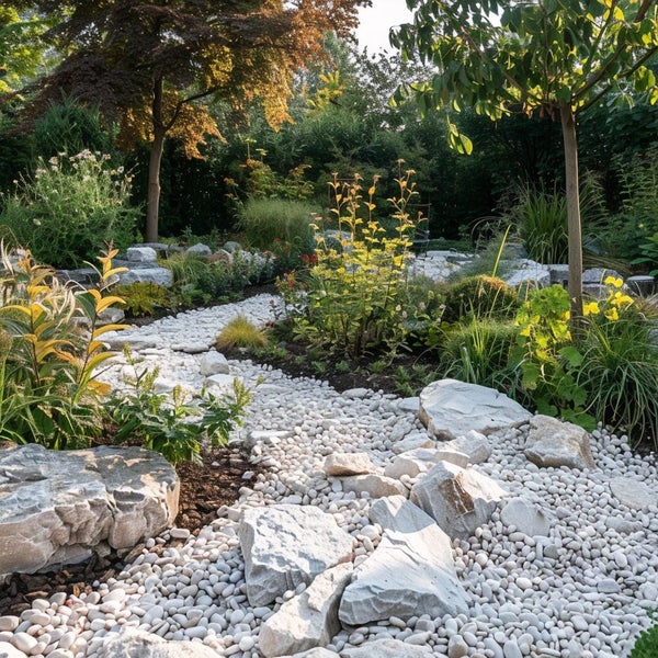 Helle Gartenlandschaft mit einem Pfad aus Kieselsteinen und großen Natursteinen, umgeben von verschiedenen Pflanzen und Bäumen.