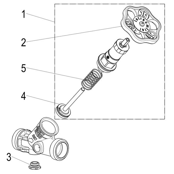 Explosionszeichnung eines Freistromventils mit nummerierten Einzelteilen wie Handrad, Spindel, Feder und Gehäuse.