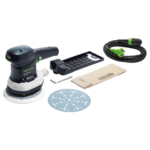 Festool Exzenterschleifer ETS 150/3 EQ Set mit Schleifteller, Filterrahmen, Staubbeutel, Innensechskantschlüssel und Netzkabel.