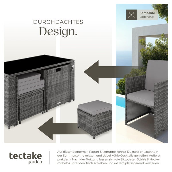 Rattan Sitzgruppe tectake Palermo inklusive Flaschenöffner, zusammenschiebbar für 2 bis 4 Personen grau