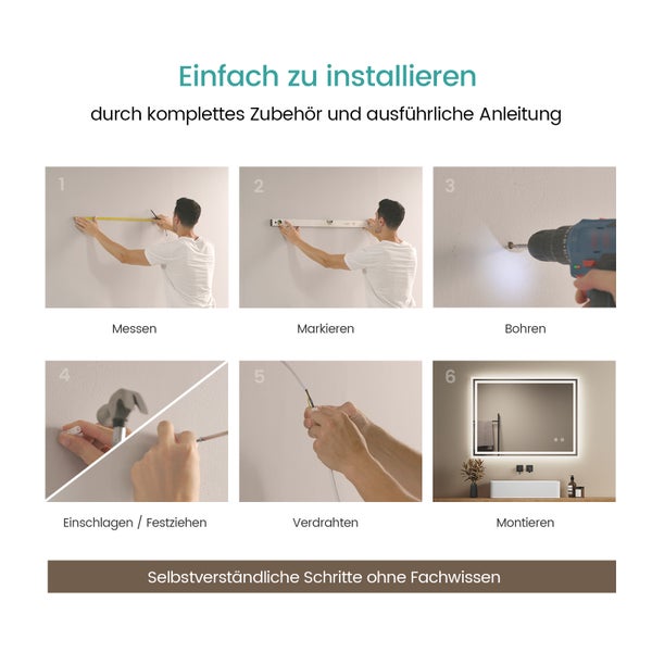 EMKE Badspiegel mit LED-Beleuchtung 80 x 60 cm, Kaltweiß 6500K, Touchschalter & Beschlagfrei, dimmbar, IP44, für Bad