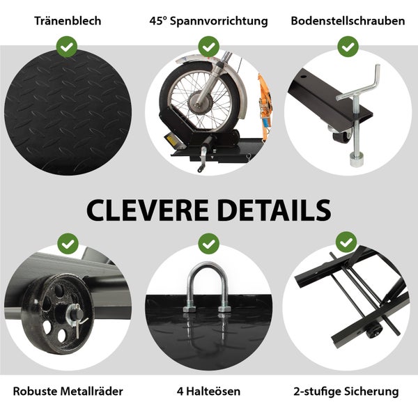 Detailansicht einer Motorradhebebühne mit Tränenblech, 45 Grad Spannvorrichtung, Bodenstellschrauben, robusten Metallrädern, 4 Halteösen und 2-stufiger Sicherung