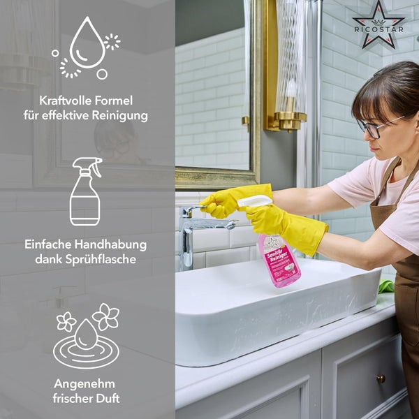Ricostar Sanitärreiniger 500 ml – 3in1 Badreiniger für hygienische Sauberkeit – Kalkreiniger ideal für Sanitärporzellan, Amaturen, Chromstahl & Fliesen – Badreiniger-Spray gegen Kalk & Schmutz
