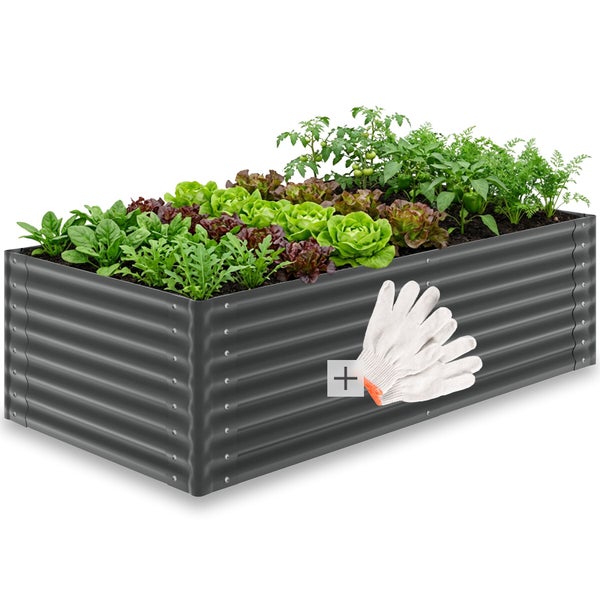 Rechteckiges Hochbeet aus Wellblech mit verschiedenen Gemüsepflanzen und einem Paar Arbeitshandschuhen.