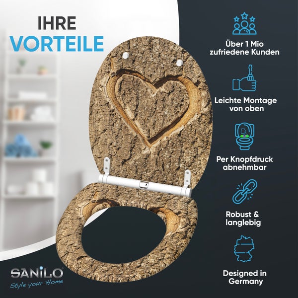 Toilettensitz mit Rindenoptik und Herzmotiv inklusive Montagevorteilen und Sanilo Logo