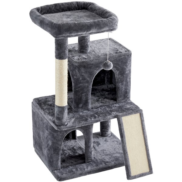 Grauer Katzenkratzbaum mit Liegeflächen, Höhlen und Sisalstamm