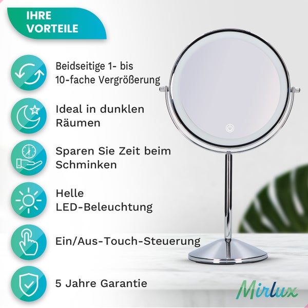 Mirlux Kosmetikspiegel mit LED Beleuchtung 10fache Vergrößerung  Rund 3 Lichtstufen Wiederaufladbar Chrom