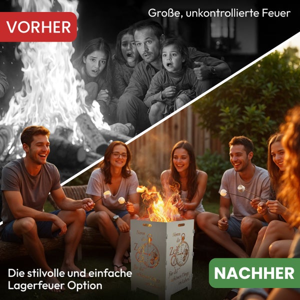 Vorher Nachher Vergleich: Unkontrolliertes Feuer zu Lagerfeuerstelle mit Menschen, die Marshmallows rösten
