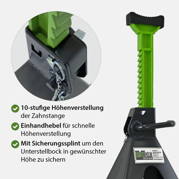 Unterstellbock von Trutzholm mit 10 stufiger Höhenverstellung, Einhandhebel und Sicherungssplint zur sicheren Fixierung der Zahnstange.