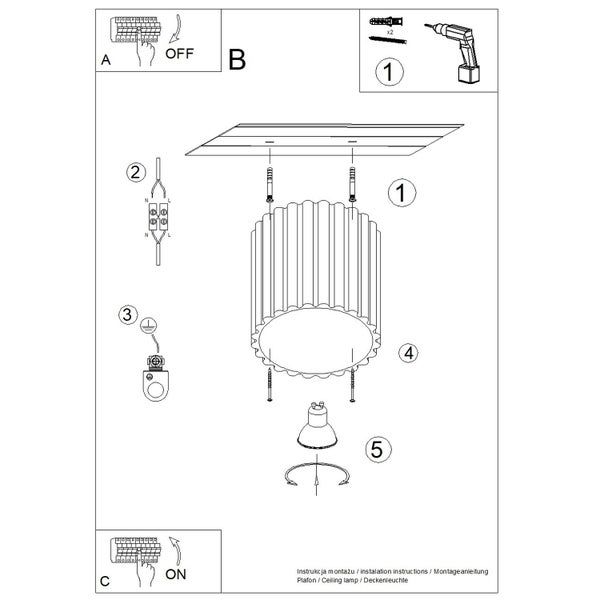 Montageanleitung für eine zylindrische Deckenleuchte mit Schritten zum Ausschalten des Stroms, Bohren, Verkabeln und Einsetzen des Leuchtmittels.