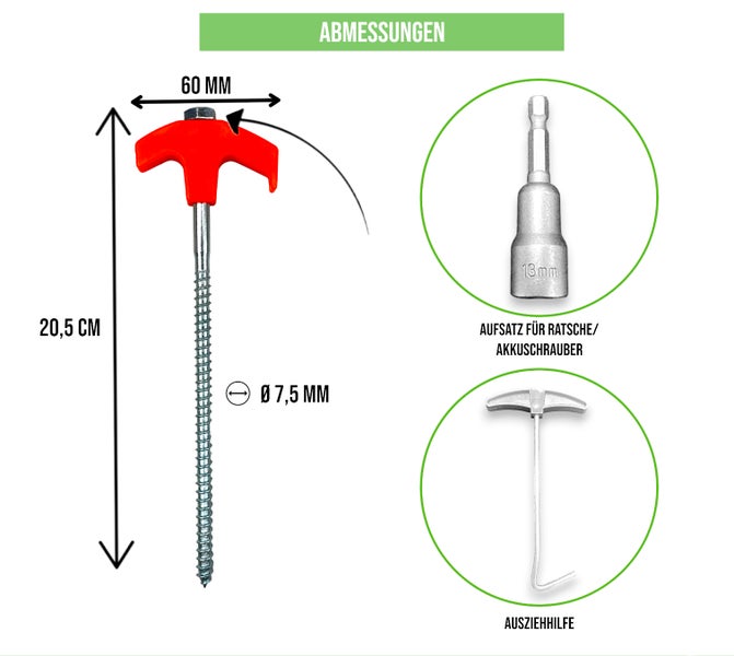 Bodenanker Hering mit 20,5 Zentimeter Länge, 60 Millimeter Griffbreite und 7,5 Millimeter Durchmesser inklusive Aufsatz und Ausziehhilfe.