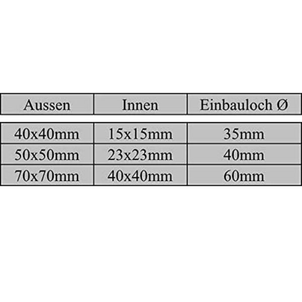 Maßtabelle für Lüftungsgitter mit Angaben zu Außenmaßen, Innenmaßen und Einbaulochdurchmesser in Millimetern.