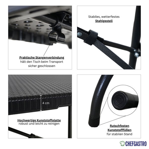 Detailansichten Klapptisch: stabiles Stahlgestell, 4 Zentimeter dicke Kunststoffplatte, Transportsicherung und rutschfeste Füße. ChefGastro Logo.