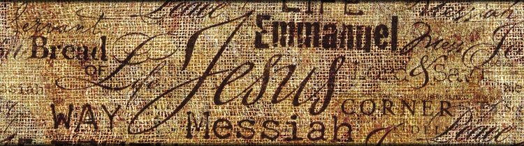 Dekoratives Bild mit Begriffen wie Jesus, Messias und Immanuel auf strukturiertem Hintergrund