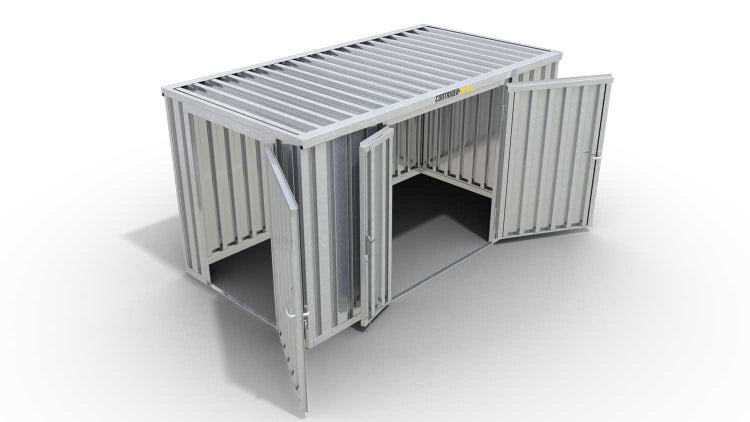 Lagercontainer Gerätehaus XXL  – 12 qm, H2115 x B6080 x T2170 mm, verzinkt, ohne Fußboden, 1830 mm Doppelflügeltür mittig in Breitseite und 1270 mm Einflügeltür mittig in Stirnseite, zerlegt