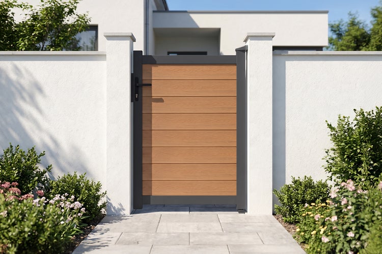 Modernes Gartentor mit waagerechten Lamellen in Holzoptik und einem Metallrahmen, eingebaut zwischen gemauerten Pfeilern in einer Gartenmauer.