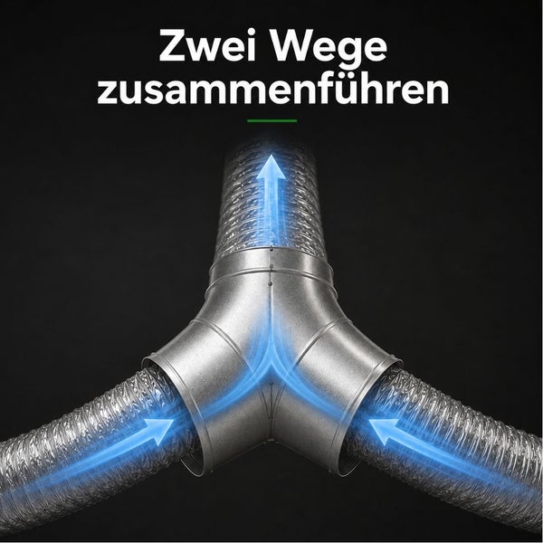 Y-Stück aus Metall für Lüftung, das zwei flexible Luftschläuche zusammenführt, mit Pfeilen zur Darstellung der Luftstromrichtung.