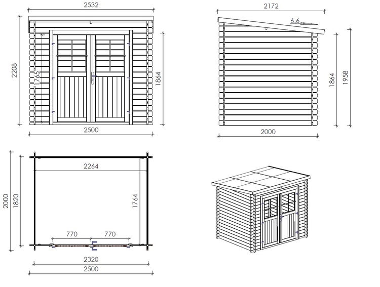 Abbildung eines Gartenhauses mit den Maßen 2500 x 2498 x 2160 mm