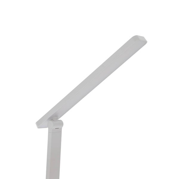 Weiße LED Schreibtischleuchte mit verstellbarem Gelenk und flachem Lampenkopf.