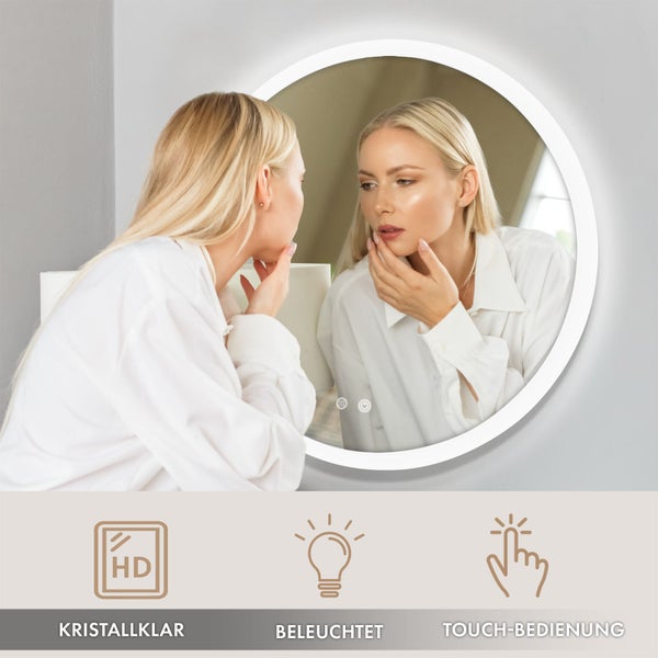 Floordirekt Badspiegel Liora mit LED-Beleuchtung Touch-Bedienung Weiß Ø 70 cm