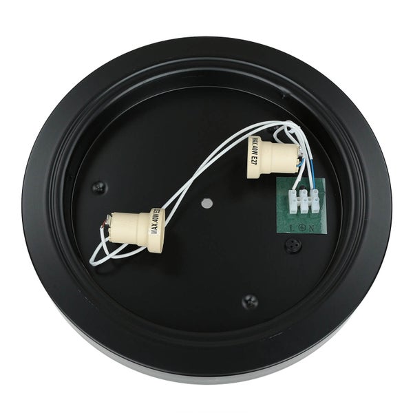 Innenansicht einer runden Deckenleuchte mit zwei E27 Fassungen und Anschlussklemmen