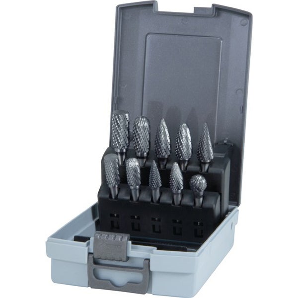 RUKO Hartmetall-Frässtifte-Satz Kreuzverzahnung HM 10tlg. Ø 10 / 12 mm in Kunststoffkassette - 116003RO