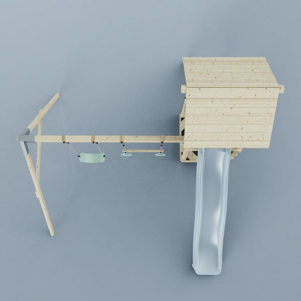Spielturm mit Rutsche und Schaukel aus Holz, Vogelperspektive