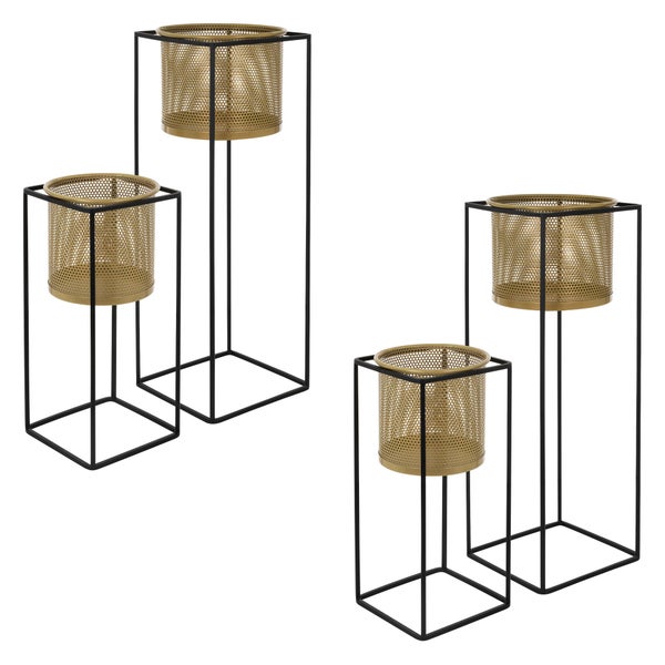 ML-Design Blumenständer 4er Set, Schwarz-Gold, 21x21x47/25x25x71 cm, aus Stahl, Blumentopfständer mit Übertopf, Metall Pflanzenständer, Blumentopfhalter 4-tlg, Pflanztopf Deko Blumensäule Blumenhocker