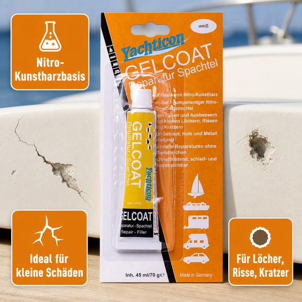 Yachticon Gelcoat Reparatur Spachtel in der Tube zum Ausbessern von Kratzern und Rissen an Booten und Fahrzeugen.