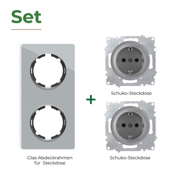 Set bestehend aus einem zweifachen Glas Abdeckrahmen und zwei Schuko Steckdosen Einsätzen