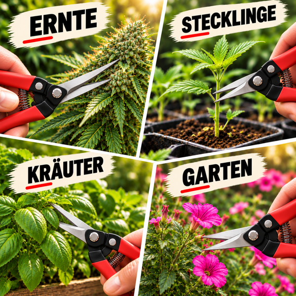 Vier Bilder einer Gartenschere beim Schneiden von Pflanzen für Ernte, Stecklinge, Kräuter und Gartenarbeiten.