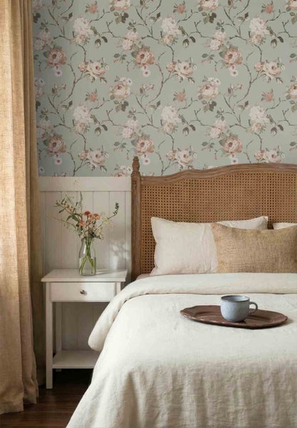 Schlafzimmer mit Blumentapete im Vintage-Stil, weißer Wandvertäfelung und einem Bett mit Rattankopfteil sowie einem weißen Nachttisch.